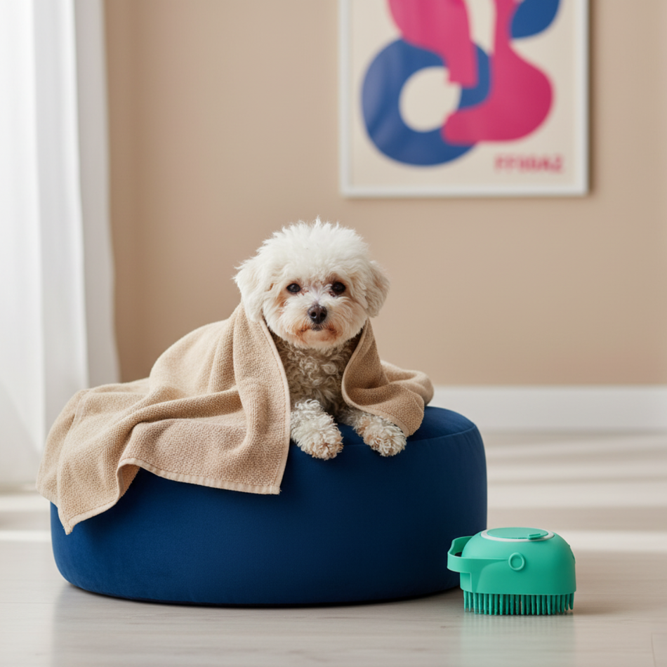 Brosse de bain 2-en-1 pour Chien | Masseur, Distributeur de Shampoing & Silicone Doux